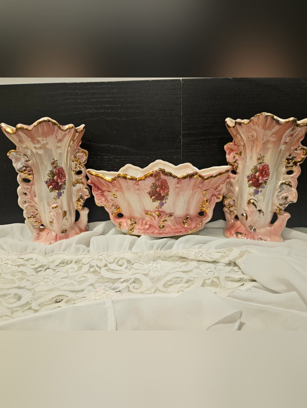 Vintage Pink Iridescent Pearl Lustreware 3-Piece Mantel Garniture Set